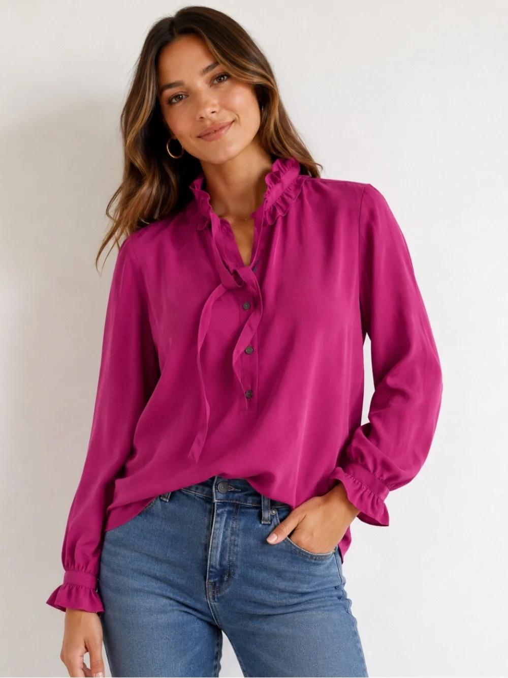 NEW J. Crew Classic-Fit Ruffle Neck Silk Popover Shirt in Pink, Size 4